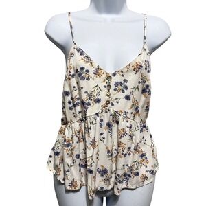 Magnolia Womens Floral Babydoll Cami Top S Ivory Blue Boho Cottagecore Peplum